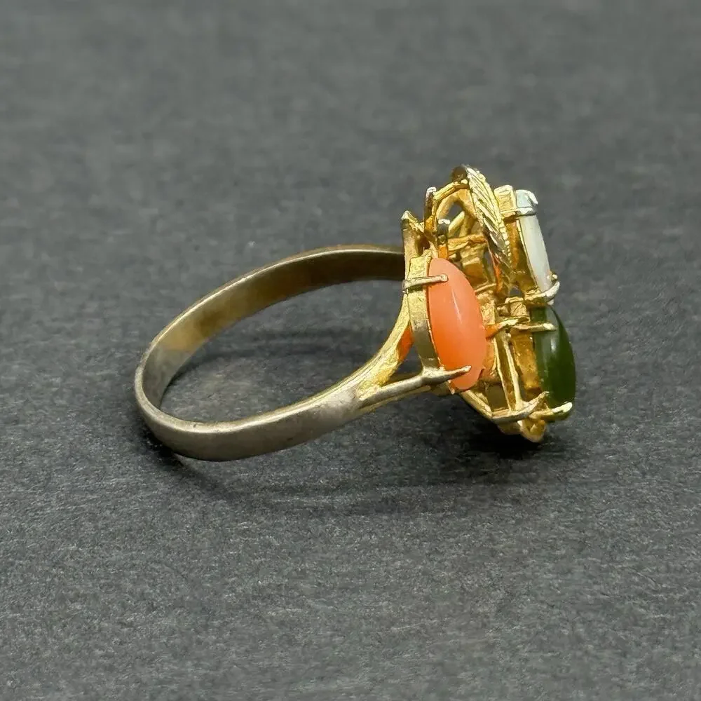 Vintage 14K GF Opal Coral Jade Marquise Multi-Stone Floral Bypass Ring Size 9